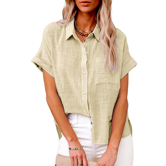 Women's Summer Cotton Short Sleeve Linen Lapel Button Shirt - LAKD London