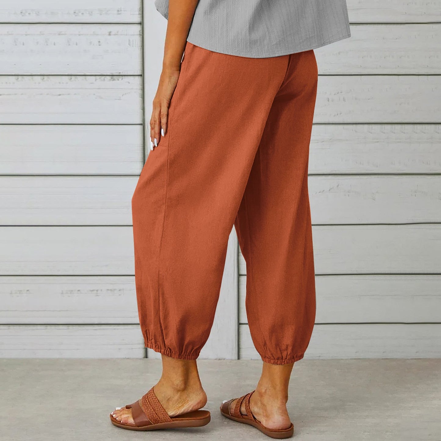Women Drawstring Tie Pants - Cotton And Linen Trousers With Pockets Button