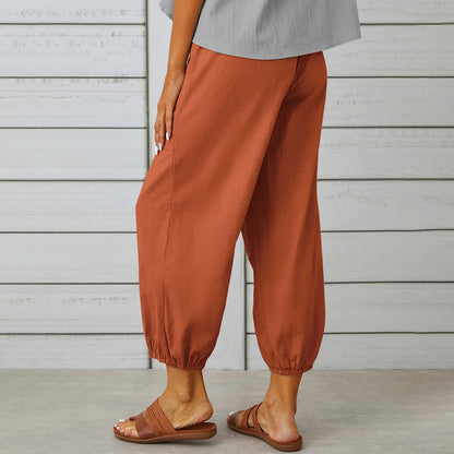 Women Drawstring Tie Pants - Cotton And Linen Trousers With Pockets Button