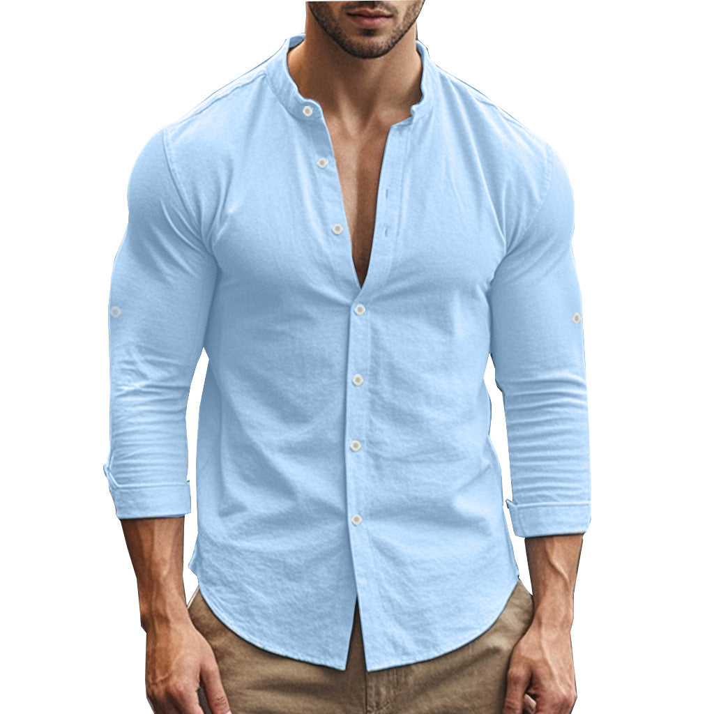 Men's Casual Cotton Standing Collar Long Sleeve Summer Shirt Breathable