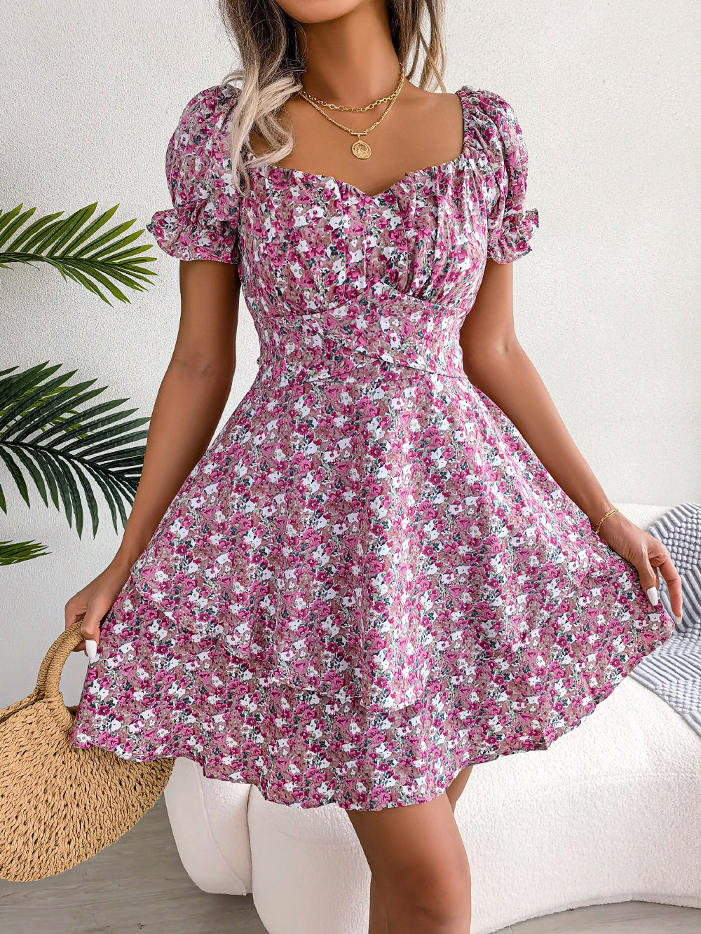 Women's Floral Mini Dress High Waist Swing Summer Style Casual