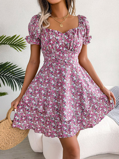 Women's Floral Mini Dress High Waist Swing Summer Style Casual