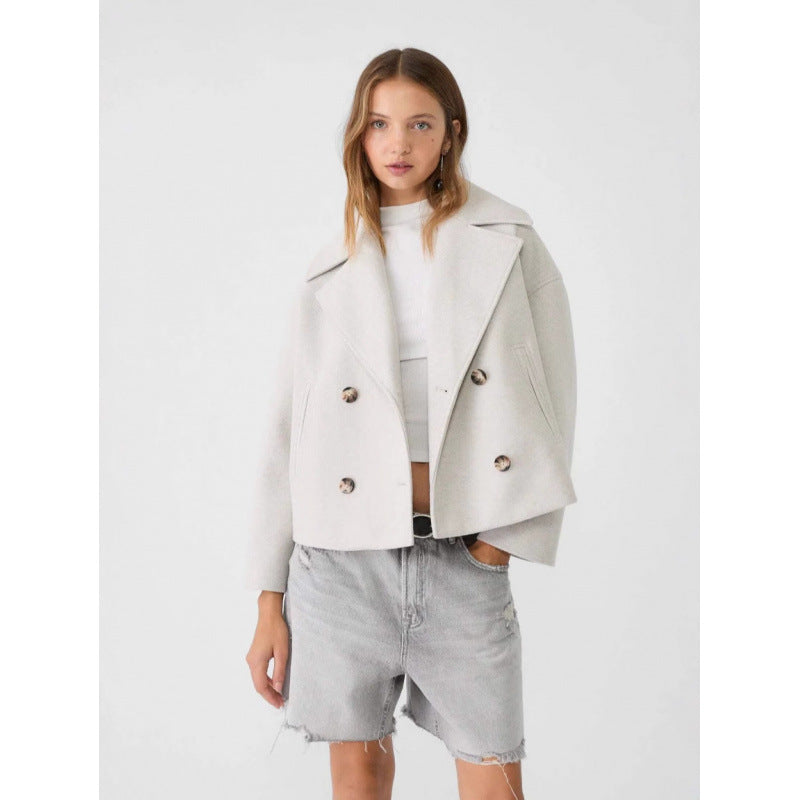 Women's Cropped Peacoat Wool Blend Double Breasted Blazer