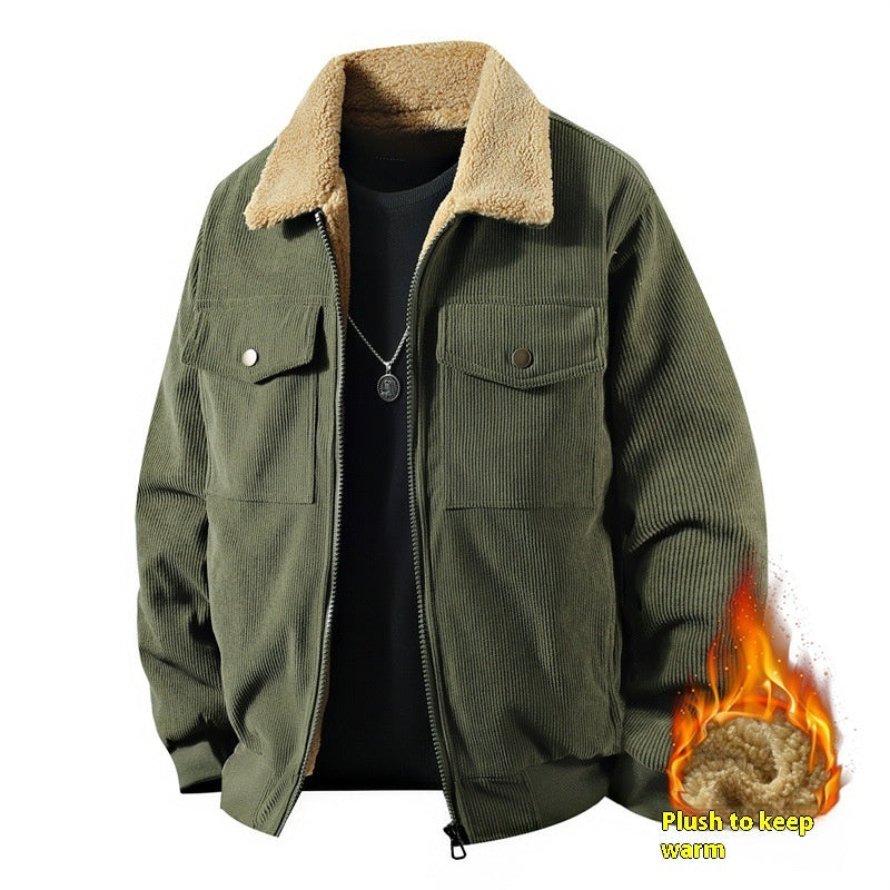 Mens Fleece Corduroy Cotton Coat Jacket | Casual Polo Collar Coat