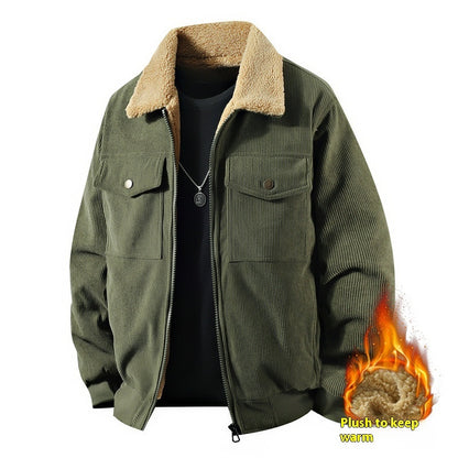 Mens Fleece Corduroy Cotton Coat Jacket | Casual Polo Collar Coat