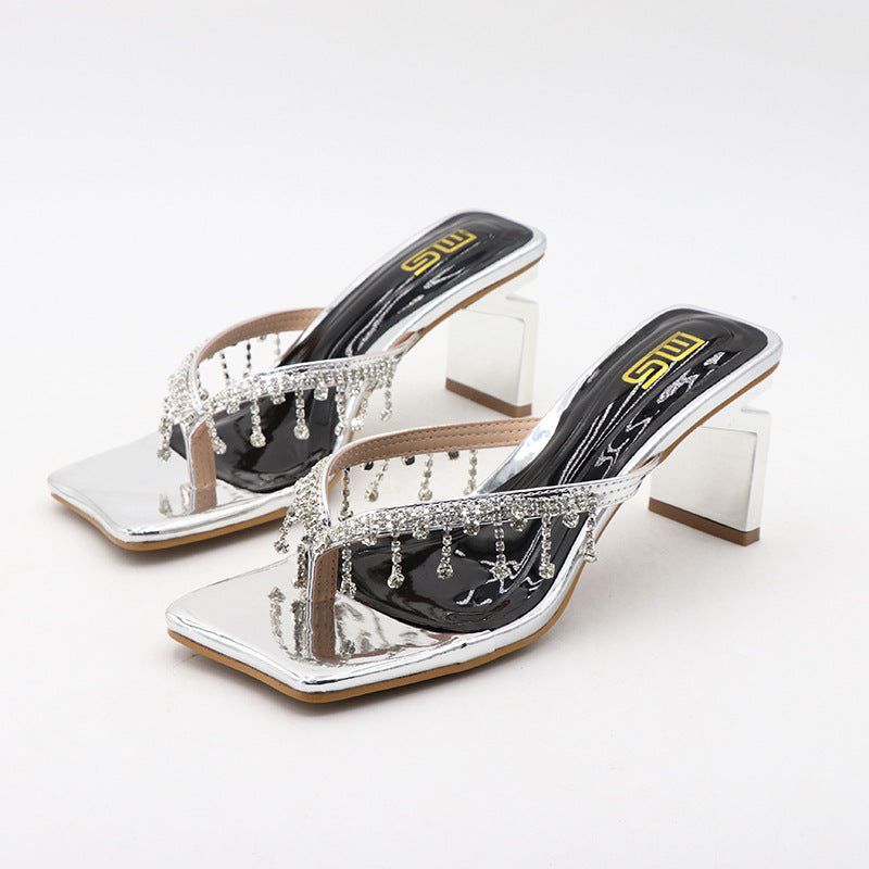 Womens Rhinestone High-heeled Sandal | Outdoor Square Toe Chunky Plus Size - LAKD London