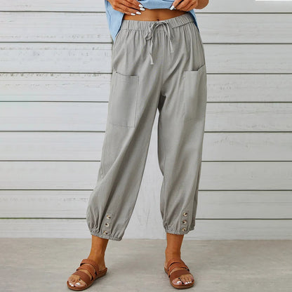 Women Drawstring Tie Pants - Cotton And Linen Trousers With Pockets Button
