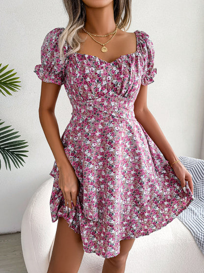 Women's Floral Mini Dress High Waist Swing Summer Style Casual