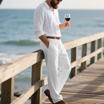 Men's Linen Two-Piece Summer Shirt Trousers Casual Comfortable Set