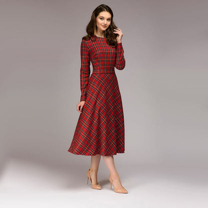 Women's Plaid Elegant Midi Dress Timeless Smart Casual Style Women