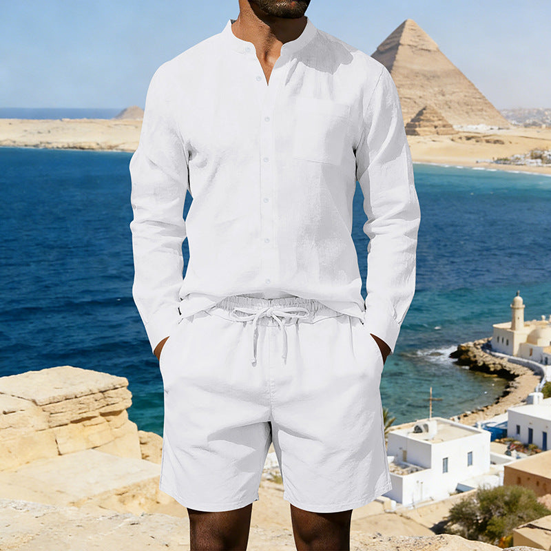 Men's Casual Linen Shirt and Shorts Summer Two Piece Set