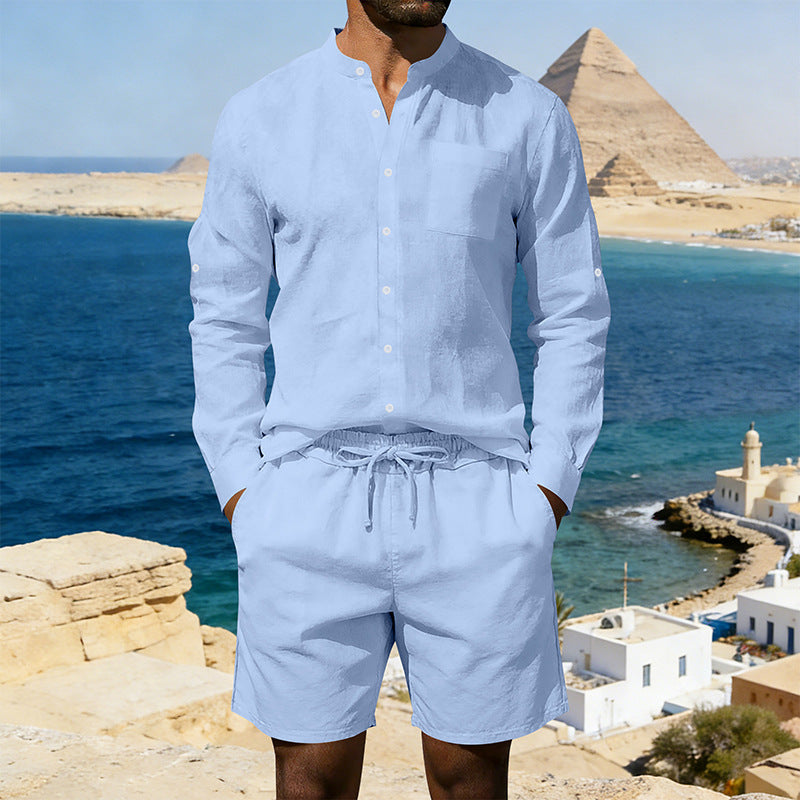 Men's Casual Linen Shirt and Shorts Summer Two Piece Set