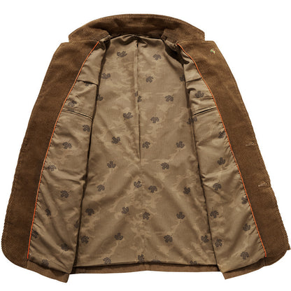 Mens Retro Casual Flat Solid Color Corduroy Coat