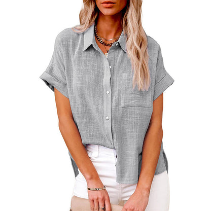 Womens Summer Lapel Short Sleeve Shirt | Solid Color Button Tops - LAKD London