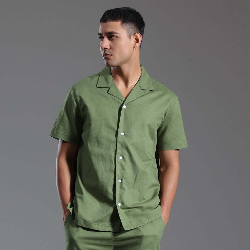 Men's Cuban Collar Cotton Linen Short Sleeve Summer Shirt Casual