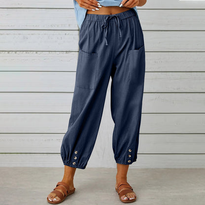 Women Drawstring Tie Pants - Cotton And Linen Trousers With Pockets Button