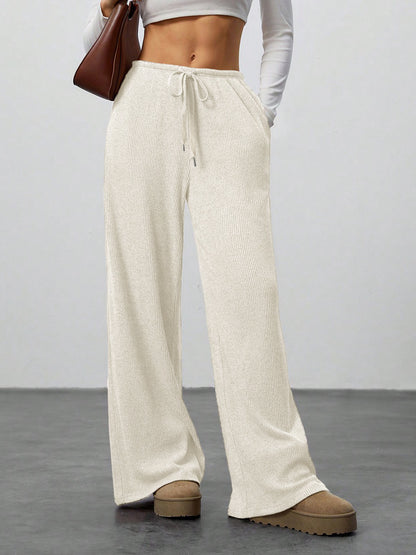 Womens Solid Color Loose Pants - Flowy Drawstring-Waist Wide-Leg Casual Trousers