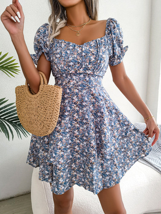 Women's Floral Mini Dress High Waist Swing Summer Style Casual