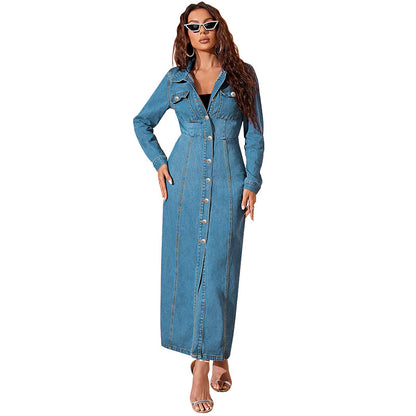 Women's Denim Button Down Cardigan Maxi Dress Casual Street Style