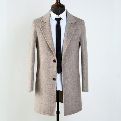 Mens Double-faced Woolen Overcoat | Mid-length Herringbone Pattern Jacket - LAKD London