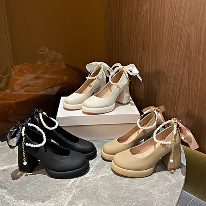 Womens Mary Jane Shoes | Preppy Style Chunky Heel Pearl All-match