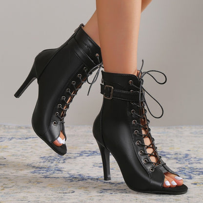 Women's Peep Toe High Heel Pumps | Lace-up Buckle Sandals With Back Zipper Design
