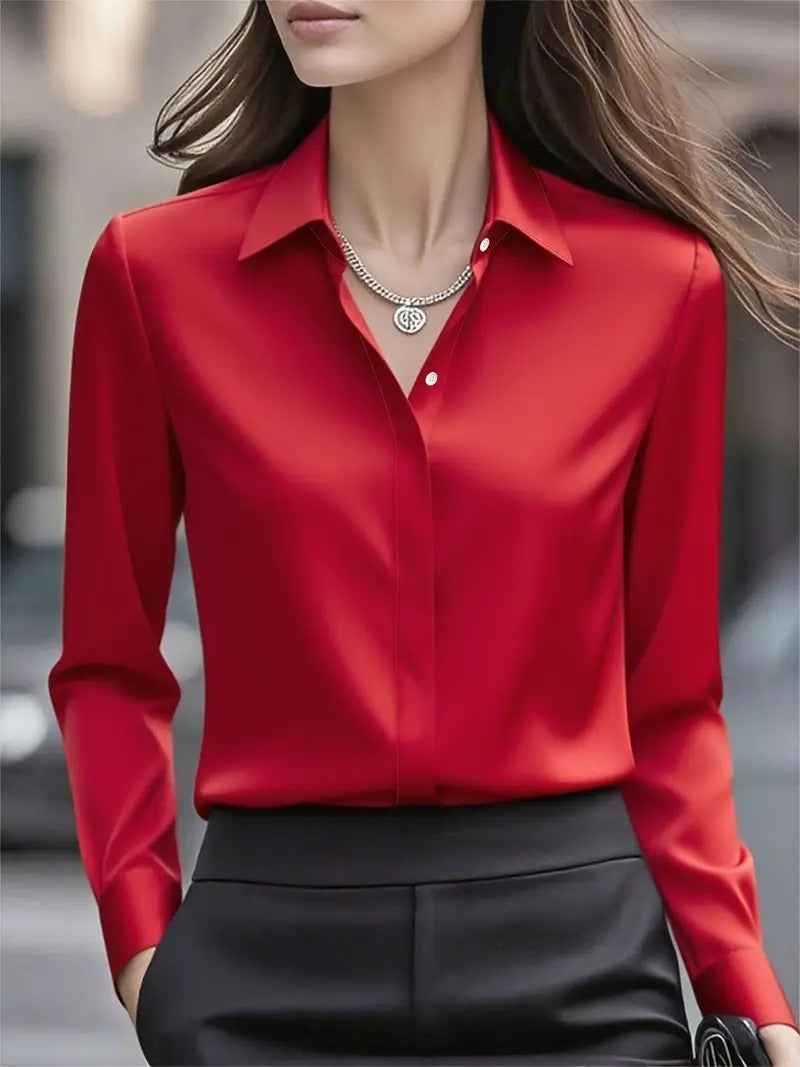 Women's Tailored Satin Lapel Long Sleeve Formal Office Blouse Shirt
