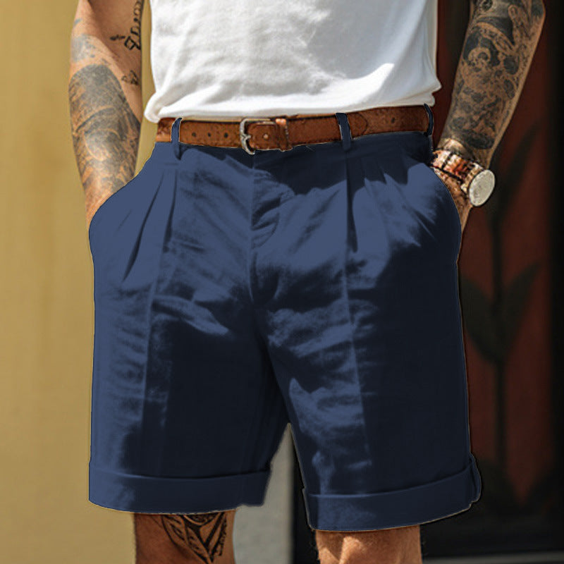Men's Pleated Pocket Straight Leg Summer Cotton Linen Shorts Loose