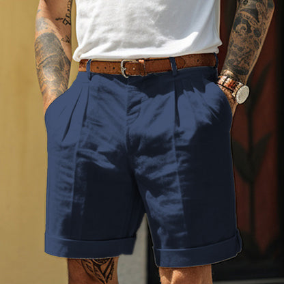 Men's Pleated Pocket Straight Leg Summer Cotton Linen Shorts Loose