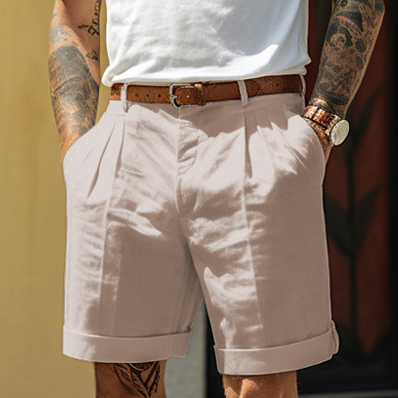 Men's Pleated Pocket Straight Leg Summer Cotton Linen Shorts Loose