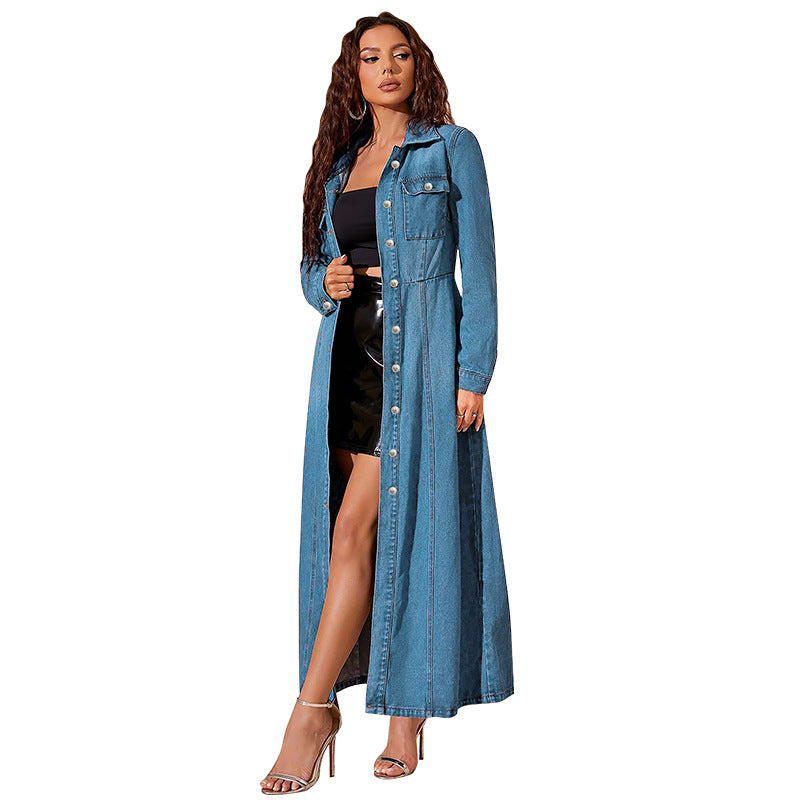 Women's Denim Button Down Cardigan Maxi Dress Casual Street Style