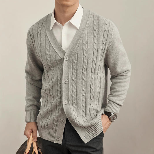 Mens Solid Color Knitted Cardigan Long Sleeve Sweater
