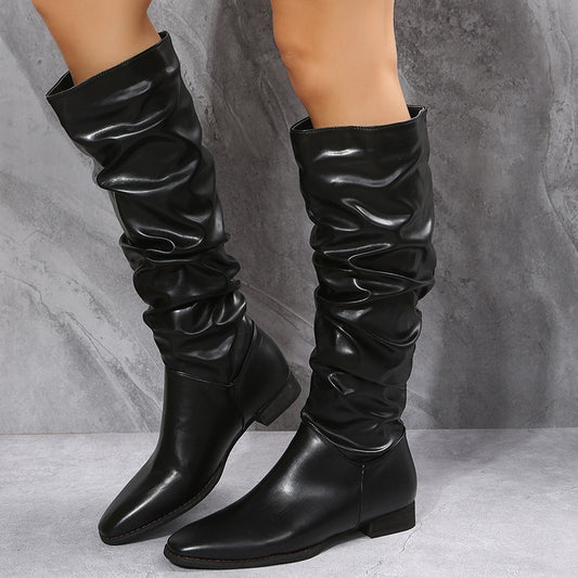 Women's Long Cowboy High Tube Pointed Toe Glossy Leather Boots - LAKD London