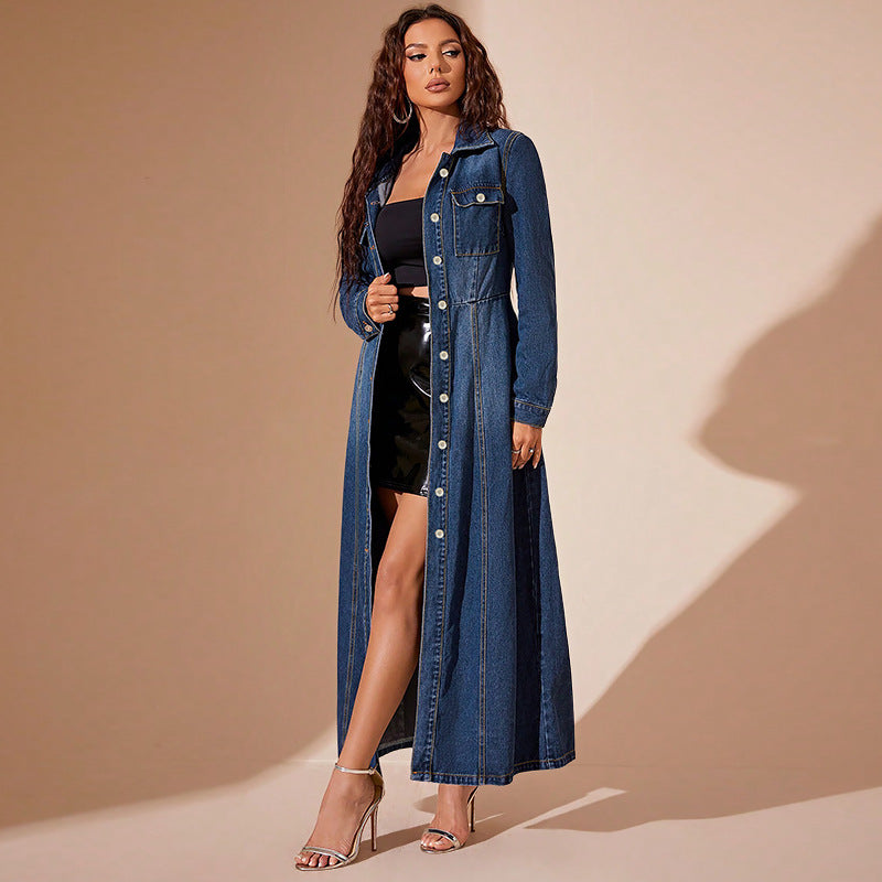 Women's Denim Button Down Cardigan Maxi Dress Casual Street Style