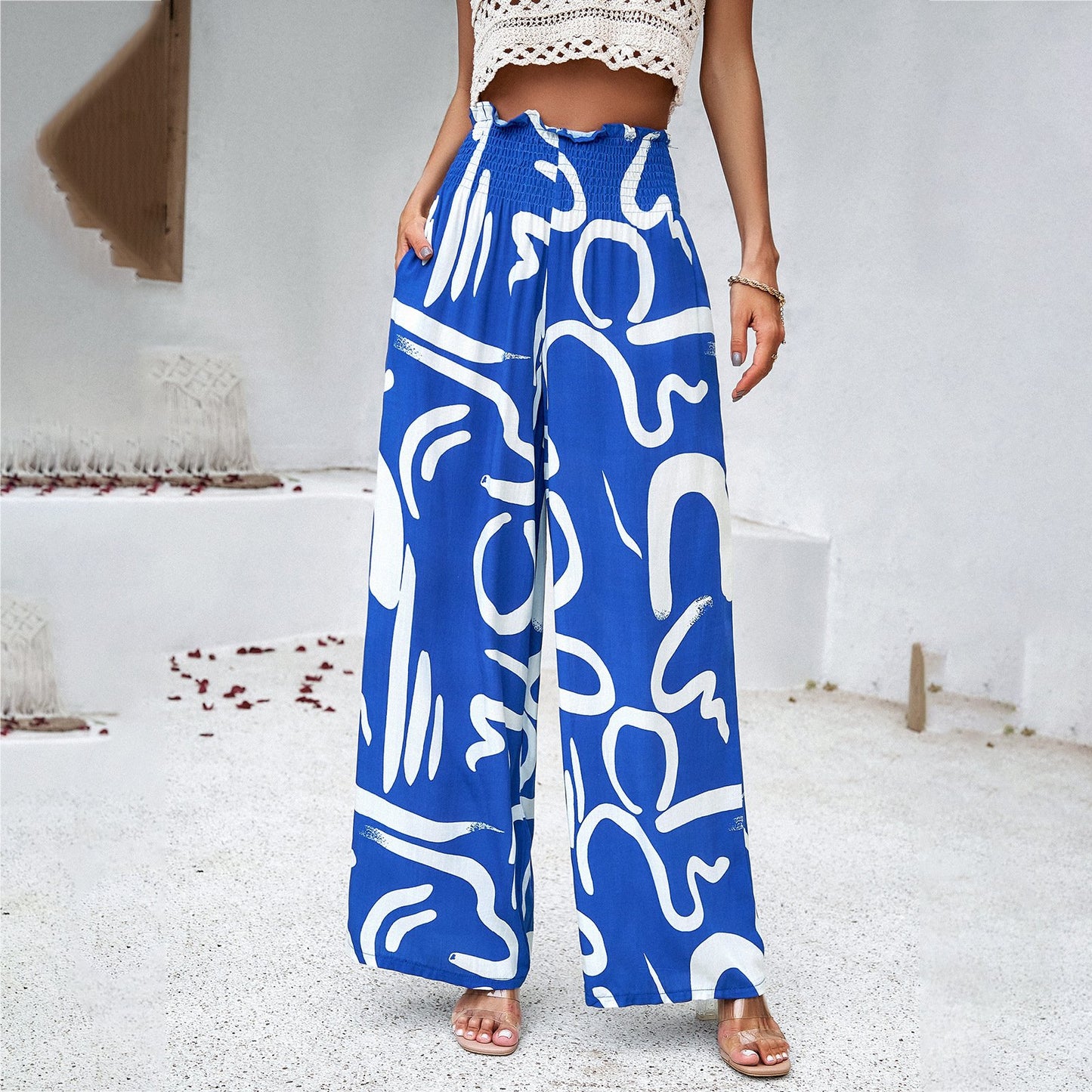 Womens Printed Trousers - Summer Loose Elastic High Waist Straight Pants