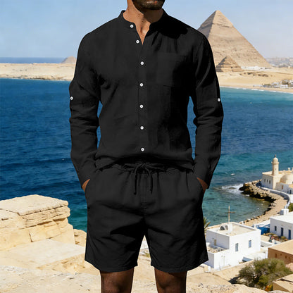 Men's Casual Linen Shirt and Shorts Summer Two Piece Set