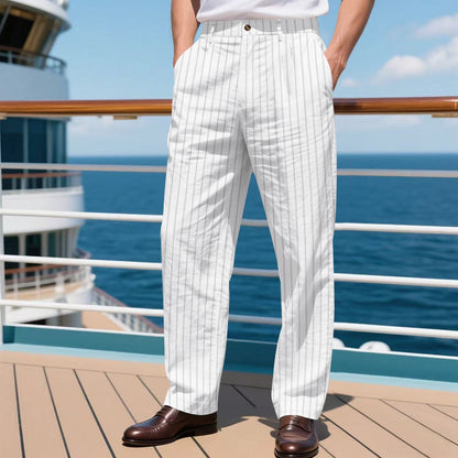 Mens Striped Loose Breathable Casual Cotton Trouser Pants