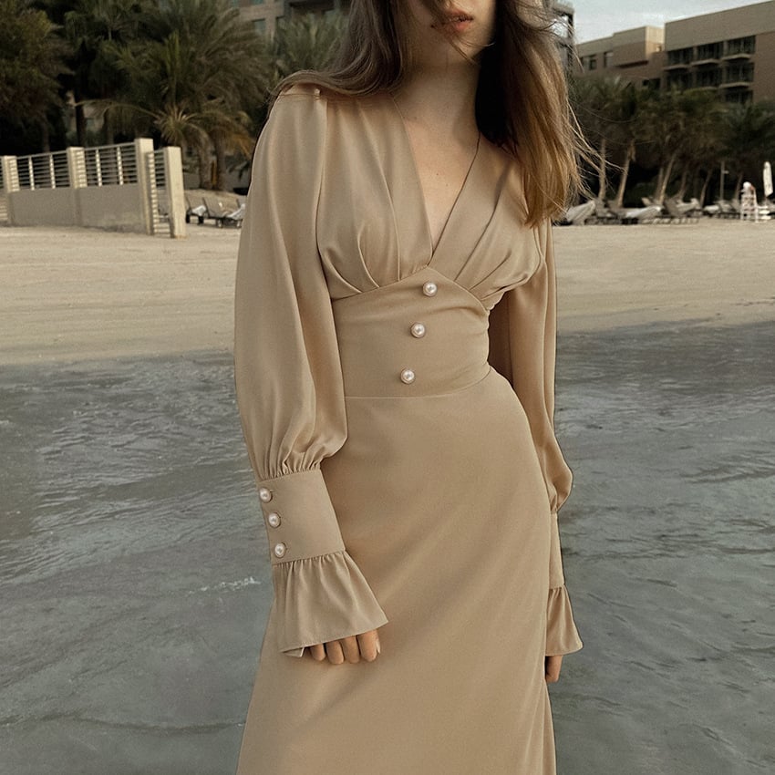 Womens V-neck Midi Dress - Slim Fit Elegant French Chiffon Dress