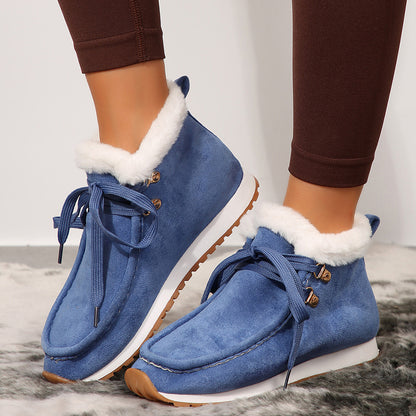 Womens Winter Lace-up Snow Fleece Boots | Casual Warm Plush Flat Shoes