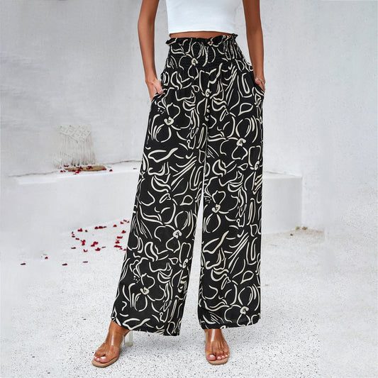 Women's Printed Summer High Waist Loose Straight Trousers Casual Style
