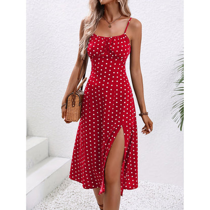 Women's Polka Dot Suspender Split Maxi Dress Elegant Summer Style