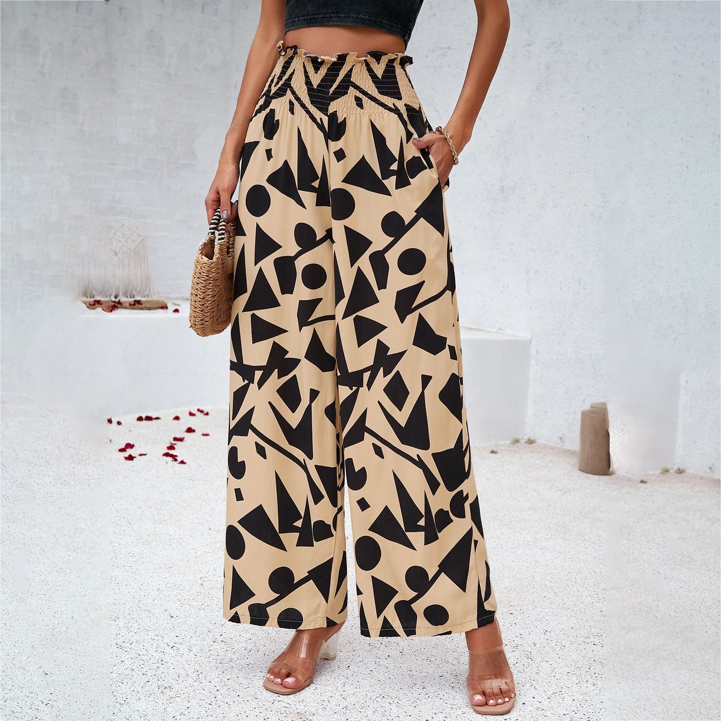 Womens Printed Trousers - Summer Loose Elastic High Waist Straight Pants