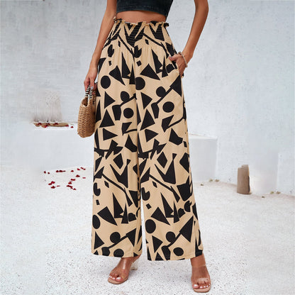 Womens Printed Trousers - Summer Loose Elastic High Waist Straight Pants