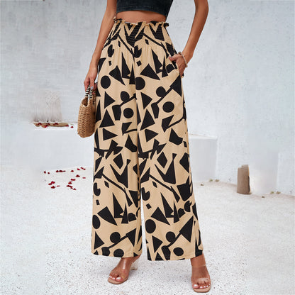 Womens Printed Trousers - Summer Loose Elastic High Waist Straight Pants
