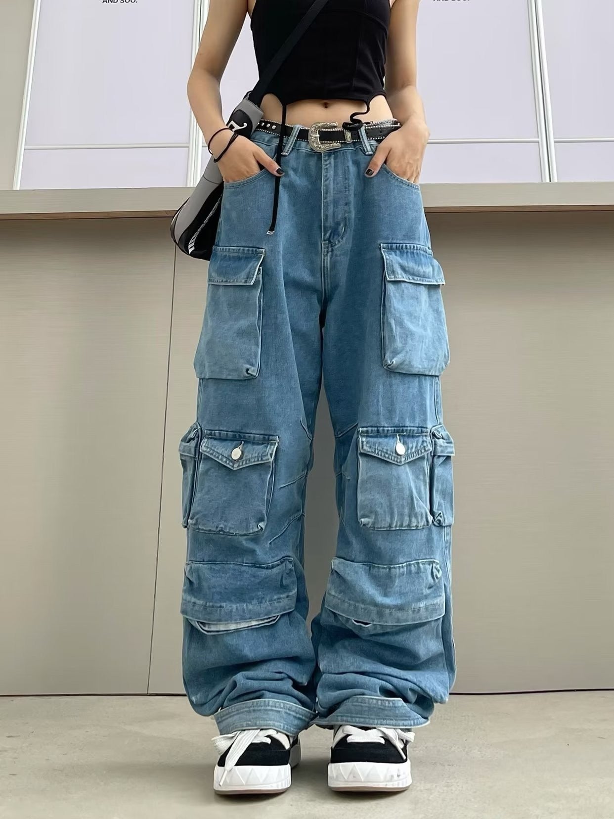 Womens High Waist Trousers Street Hipster Multi-pocket Wide Leg Tie-dyed Jeans
