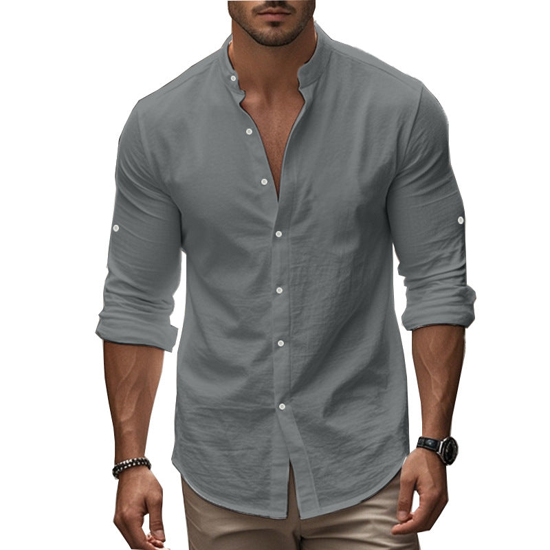 Men's Casual Cotton Standing Collar Long Sleeve Summer Shirt Breathable