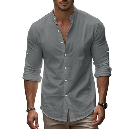 Men's Casual Cotton Standing Collar Long Sleeve Summer Shirt Breathable