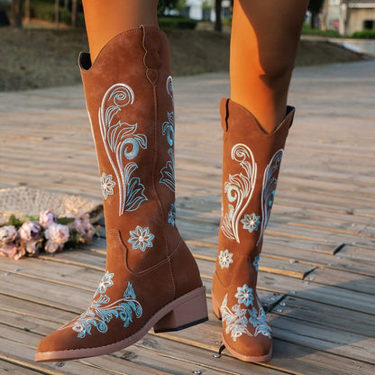Womens Plus Size High Cylinder Below The Knee Embroidered Cowboy Boots