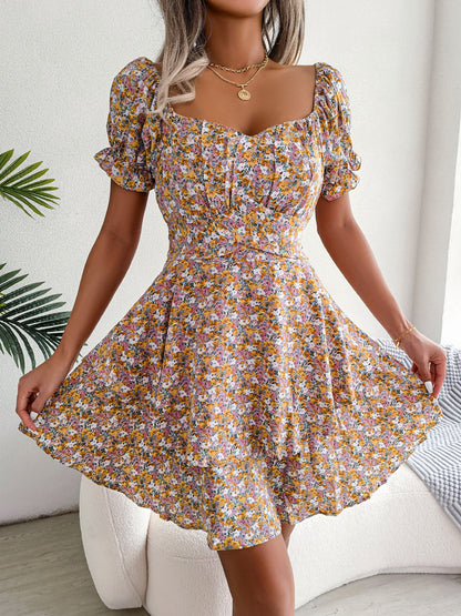Women's Floral Mini Dress High Waist Swing Summer Style Casual