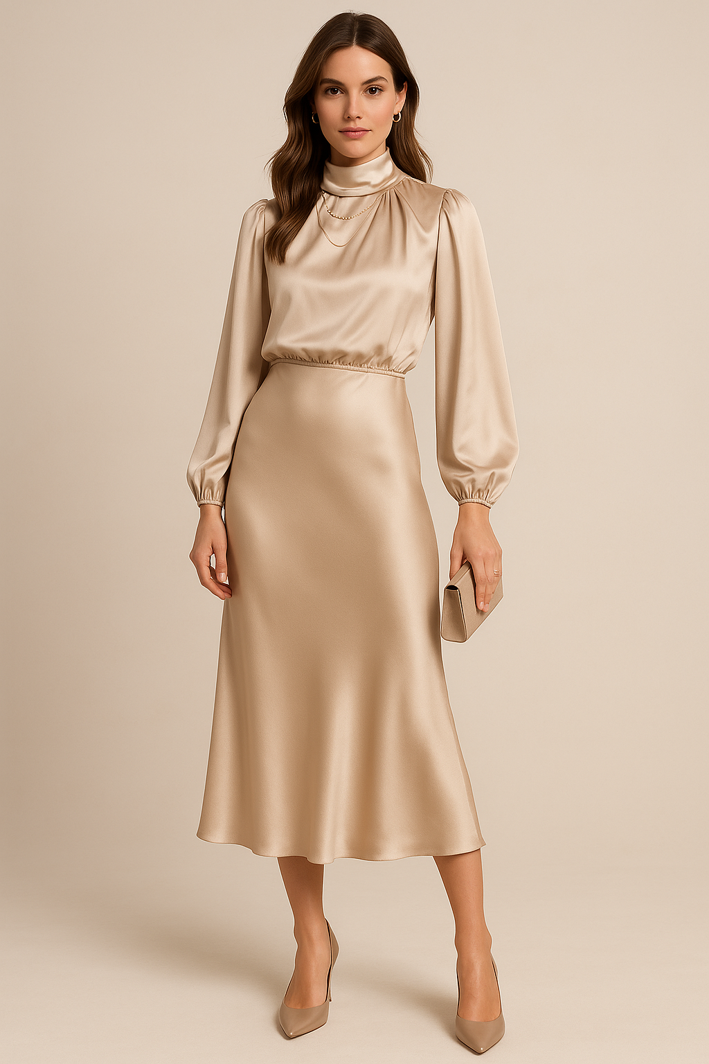 Women's Elegant Satin High Neck Midi Dress With Long Sleeves
